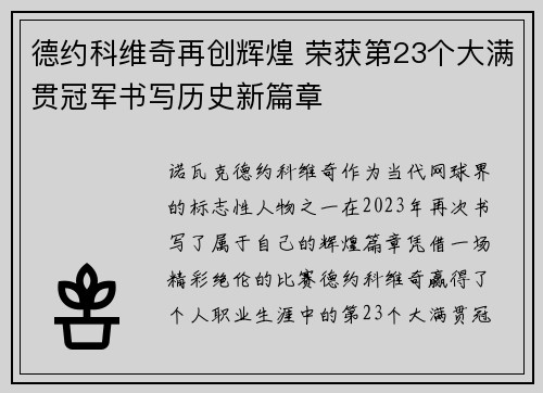 德约科维奇再创辉煌 荣获第23个大满贯冠军书写历史新篇章