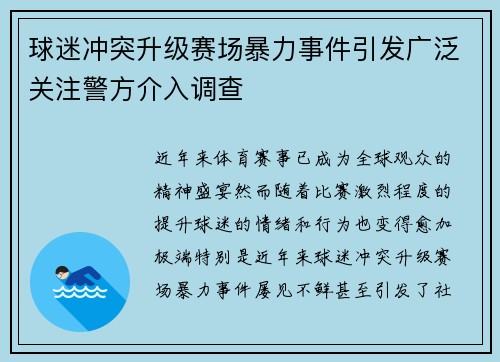 球迷冲突升级赛场暴力事件引发广泛关注警方介入调查