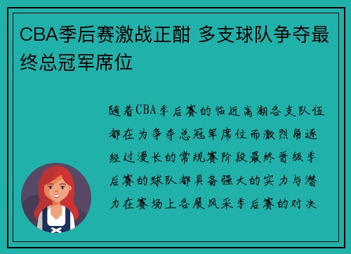 CBA季后赛激战正酣 多支球队争夺最终总冠军席位