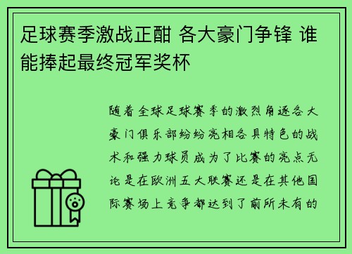 足球赛季激战正酣 各大豪门争锋 谁能捧起最终冠军奖杯