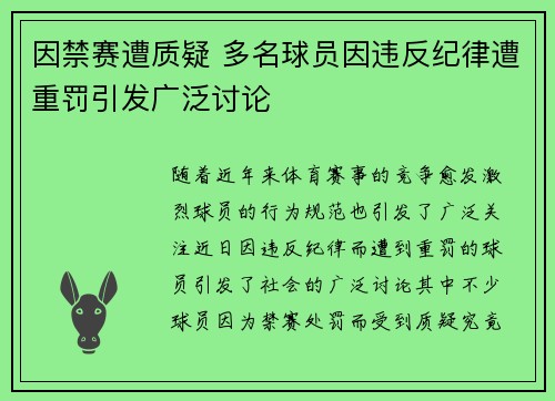 因禁赛遭质疑 多名球员因违反纪律遭重罚引发广泛讨论